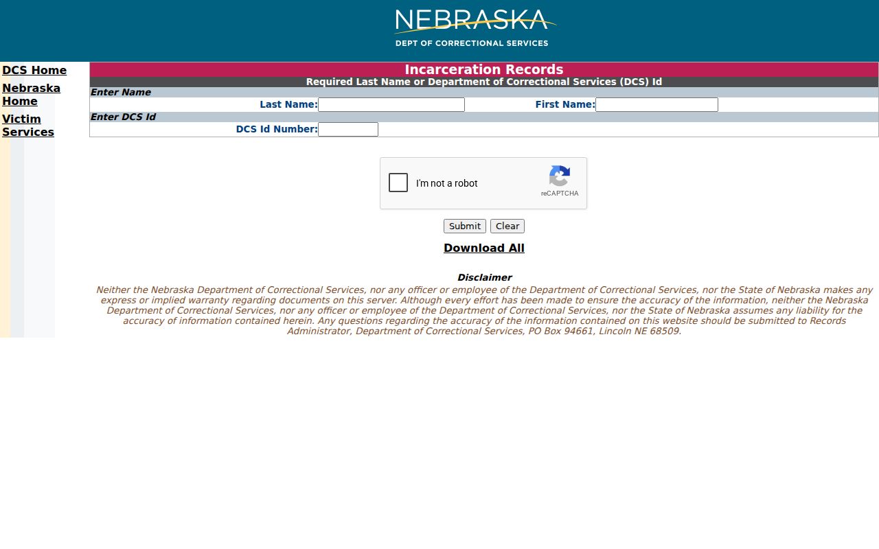 NDCS locator fields for post-sentence Banner County arrest custody