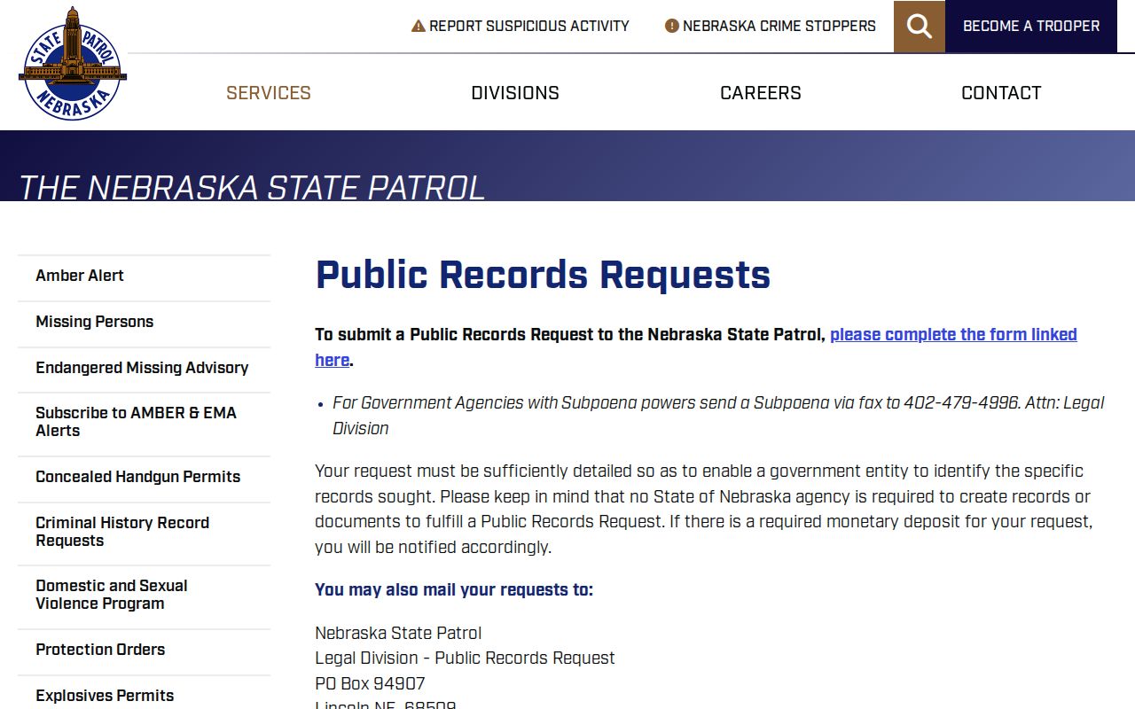 Nebraska State Patrol request options for Banner County arrest records