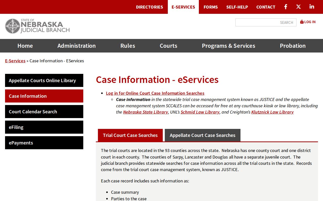 Banner County criminal court case access options on the Nebraska Judicial Branch website
