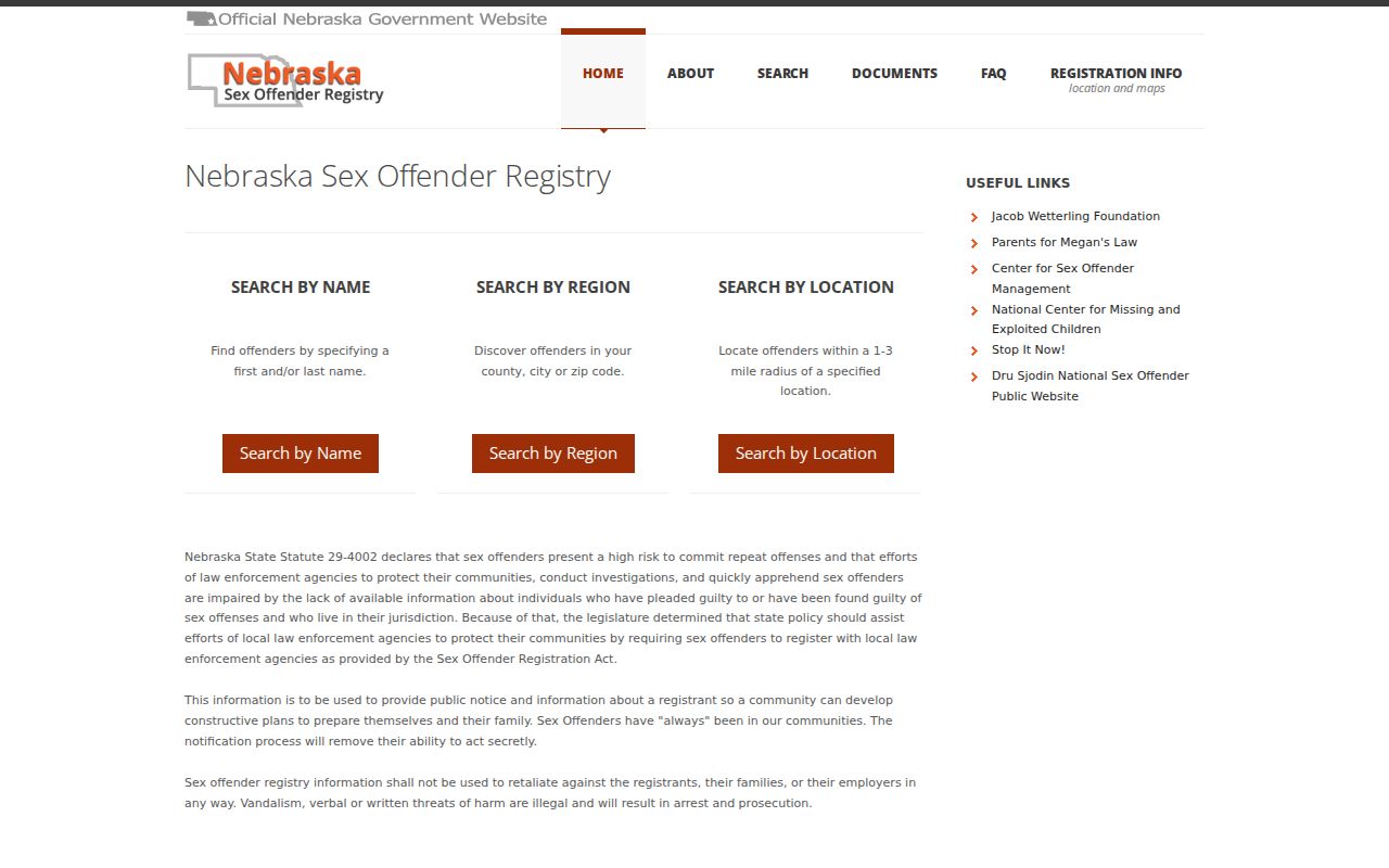 Banner County sex offender registry search choices on the Nebraska State Patrol website
