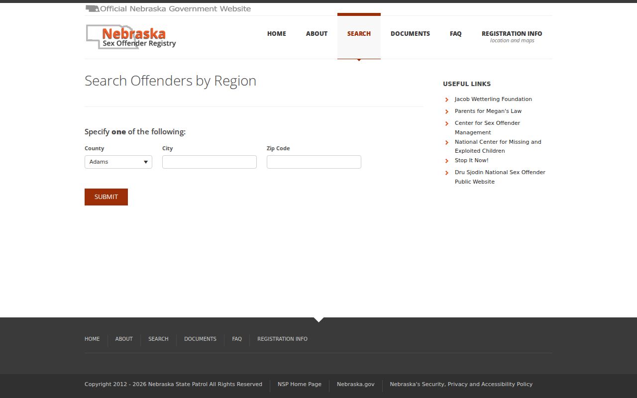 Banner County sex offender registry county city and ZIP search fields